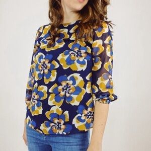 Cabi Lydia Blue and Yellow Floral Print Blouse, size M